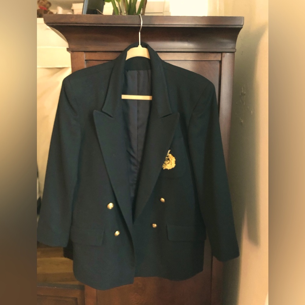 VINTAGE Preppy Black Blazer with Gold Crest 80’s and 90’s Style (L)